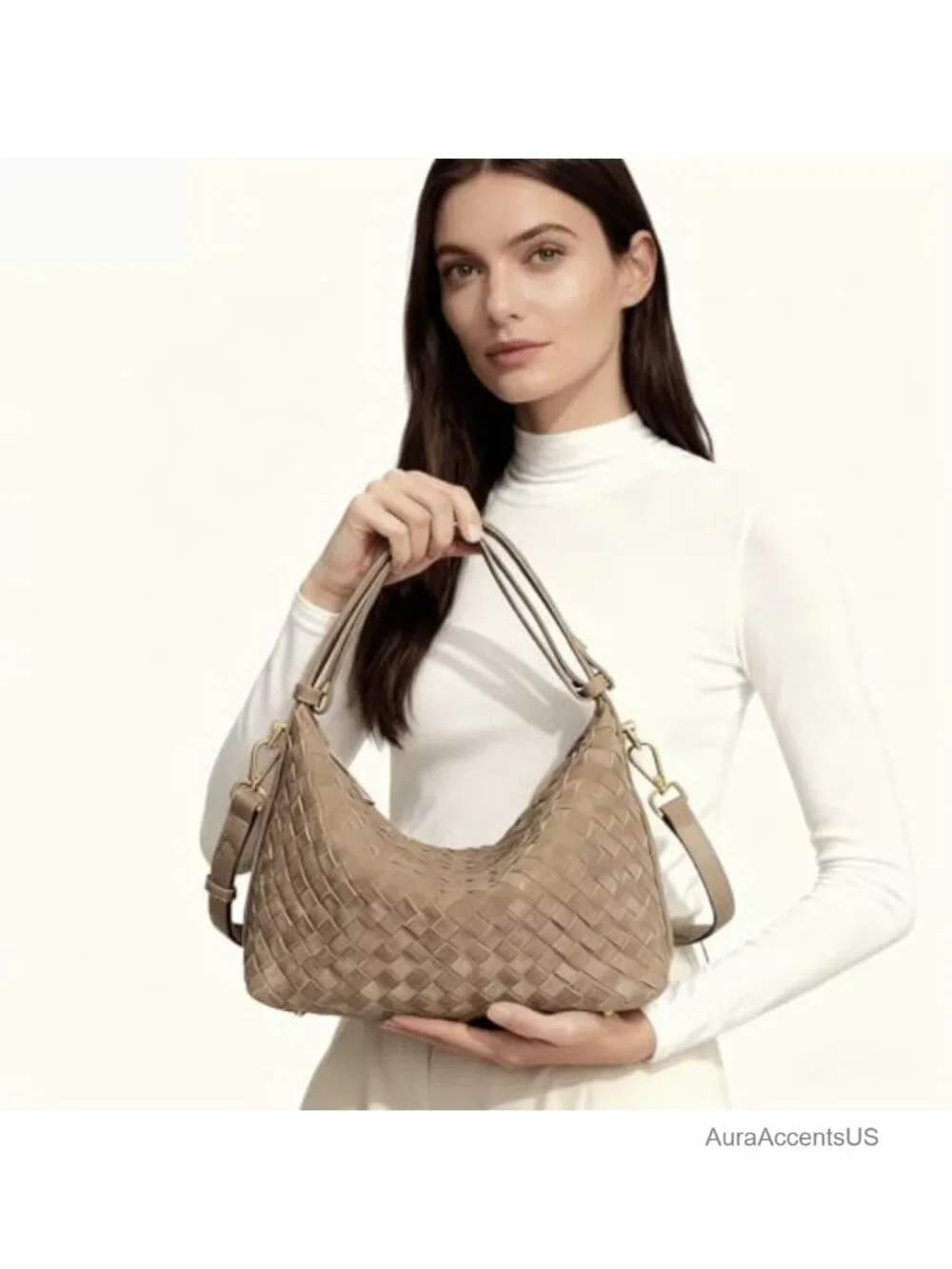 Woven Suede Shoulder Bag - Slouchy Hobo Satchel, Crescent Crossbody Handbag &
